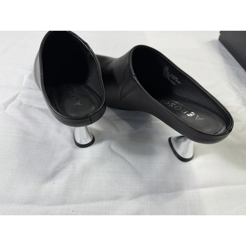 Aerosoles Black Leather Mule Heels Womens 7.5M Pointed Toe Slip On Shoes